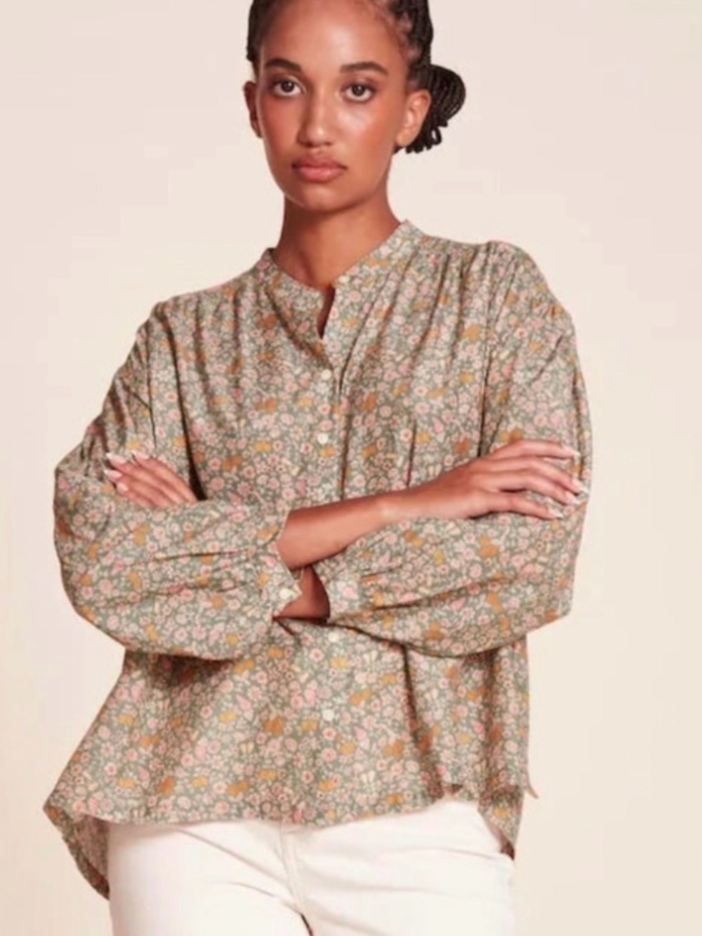 Trovata Sage Floral Button-Front Peasant Blouse - Picture 1 of 5
